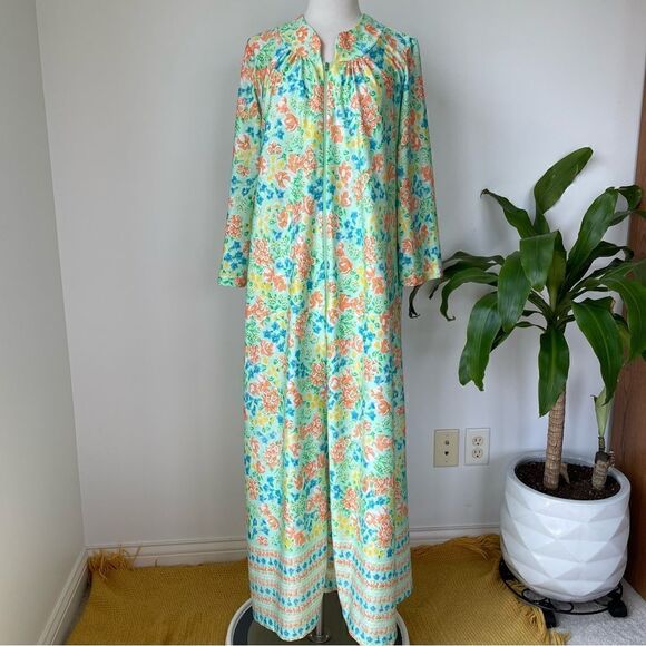 Vintage 70s 80s Nightgown House Dress Maxi Floral Hippie Woman Size Medium Green - Picture 2 of 9